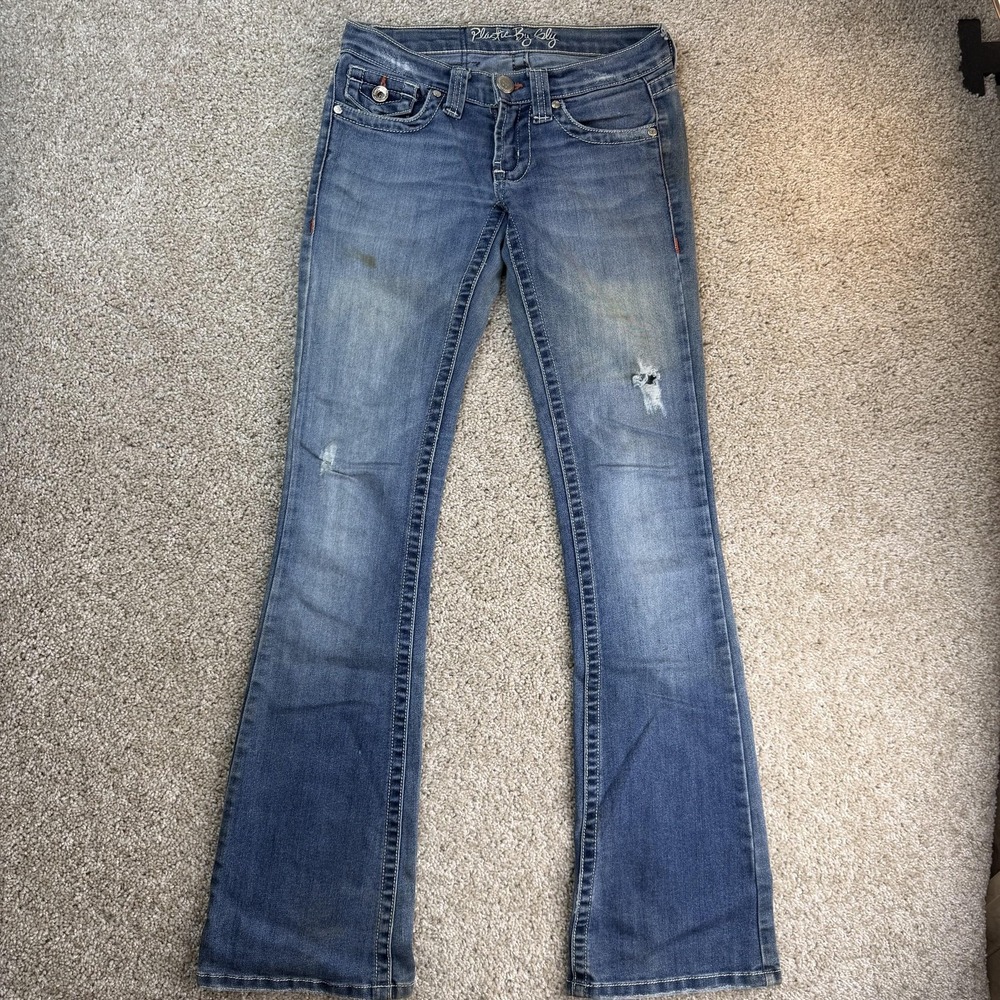 Plastic By GLY Bootcut Jeans Womens 25 Med Wash Blue Distressed Stretch Denim